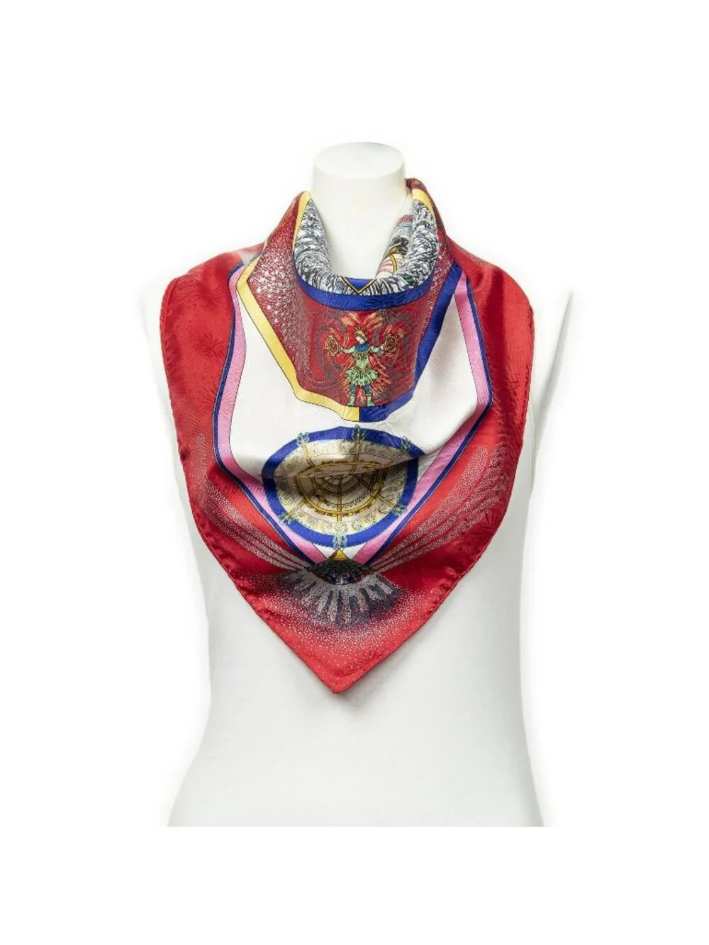 Hermes Scarf Red Blue Ivory 100% Jacquard Silk